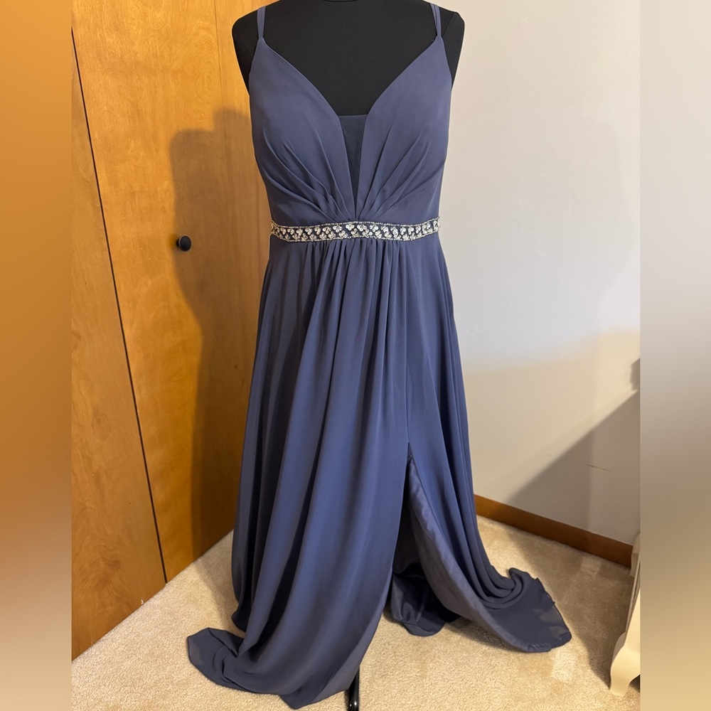 Azazie ‘Stormy’ Blue Maxi Dress with Embellished Waist